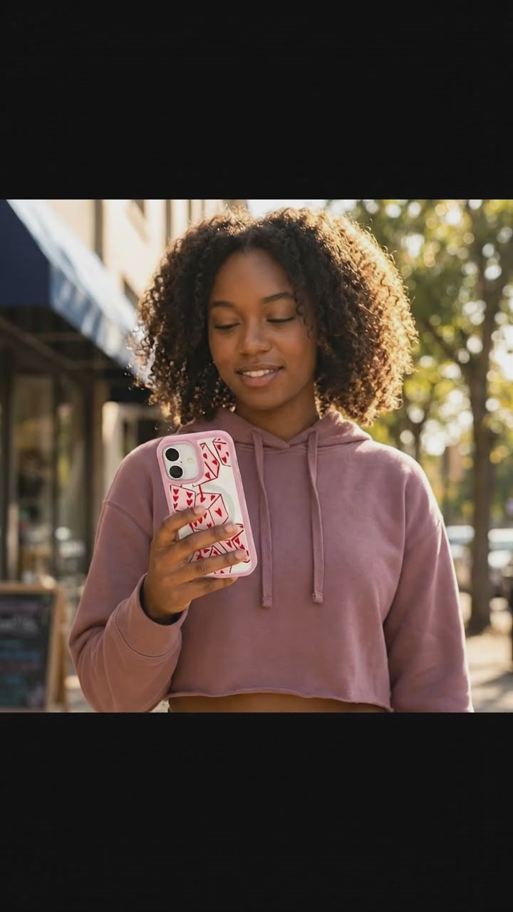 Clear Dicey Cherries iPhone 17 Case With Petal Pink Ridge (MagSafe included) - Product video demonstration