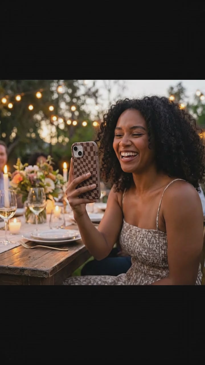 Chocolate Brown Cafe Check iPhone 17 Case - Product video demonstration